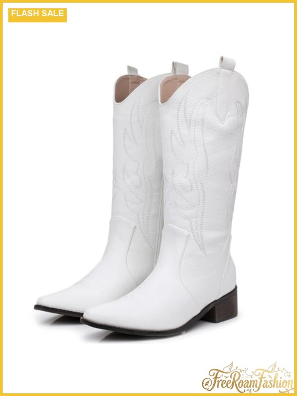 Women's Embroidered Cowboy Boots Faux Leather Mid Calf Chunky Heel